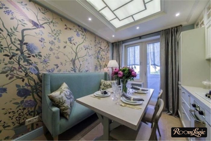 combination of gray curtains and beige wallpaper in the kitchen
