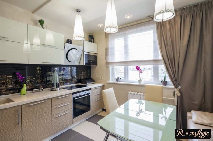 combination of gray fabric long and short curtains in modern kitchen