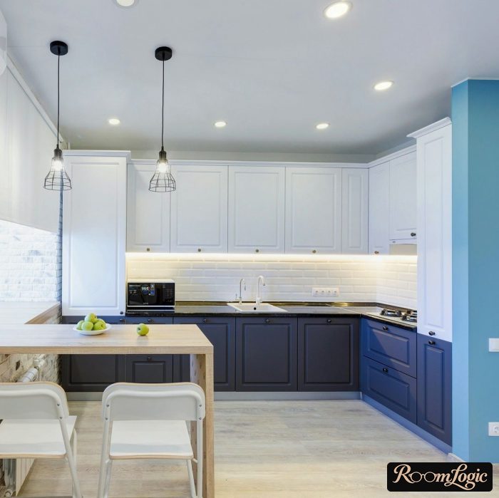 combination of light blue and turquoise in the kitchen interior