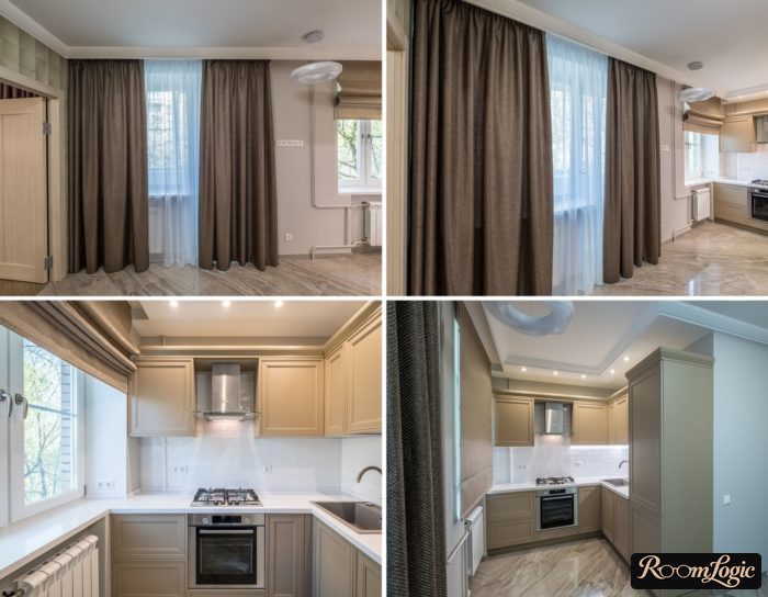 combination of long floor curtains and short valances in the kitchen-living room