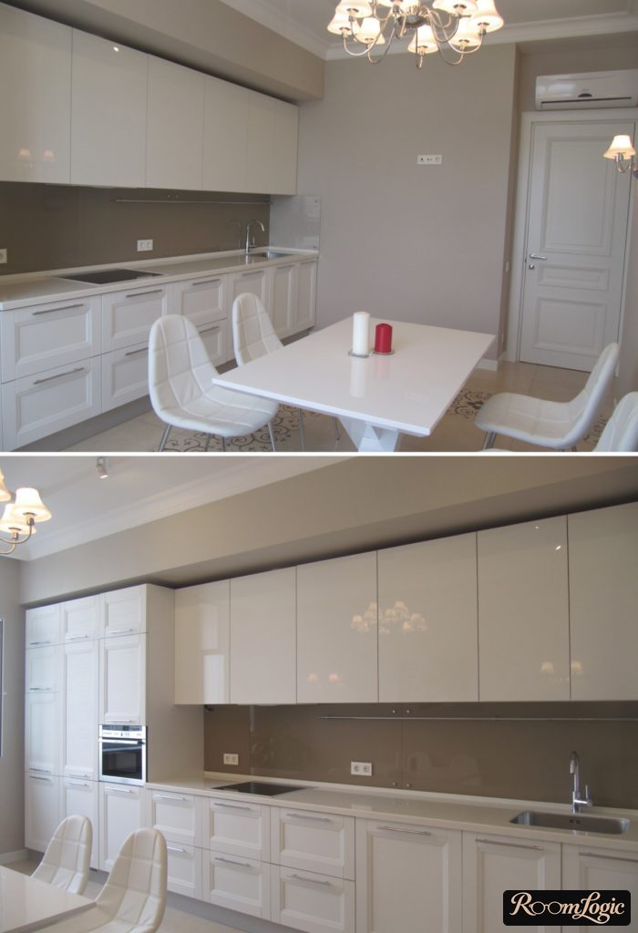 combination of matte and glossy white in neoclassical style kitchen
