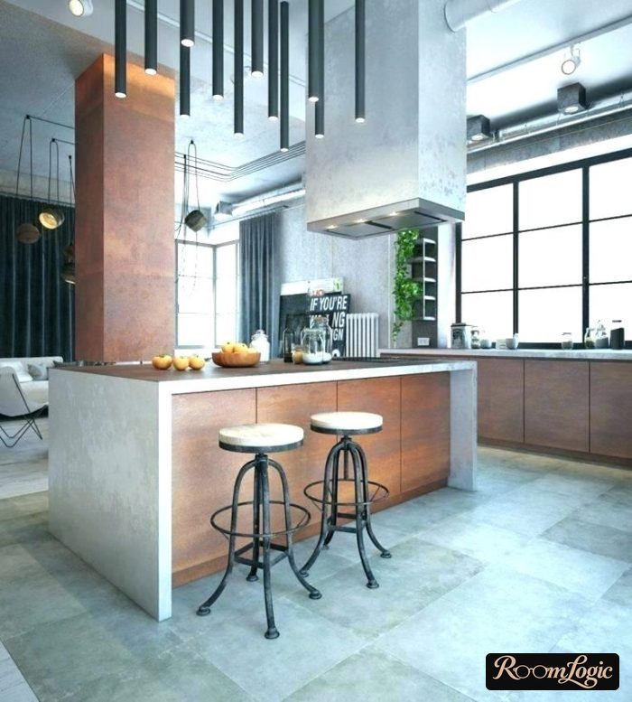 combination of modern lighting and retro chairs in the kitchen