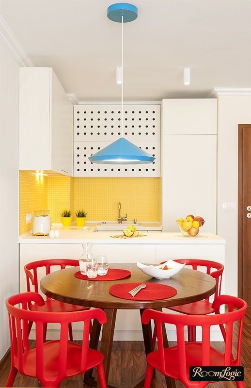 combination of pure red yellow and light blue in the kitchen