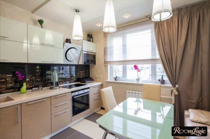 combination of roman and regular curtains in a small kitchen