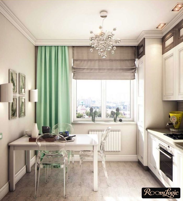 combination of roman and regular curtains in the kitchen