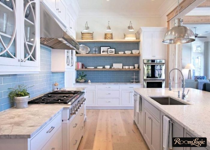 combination of shelves and cabinets on the kitchen