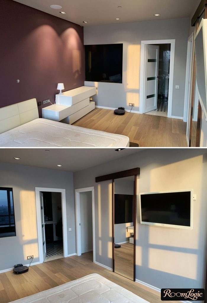 combination of solid gray and burgundy wallpaper in the apartment