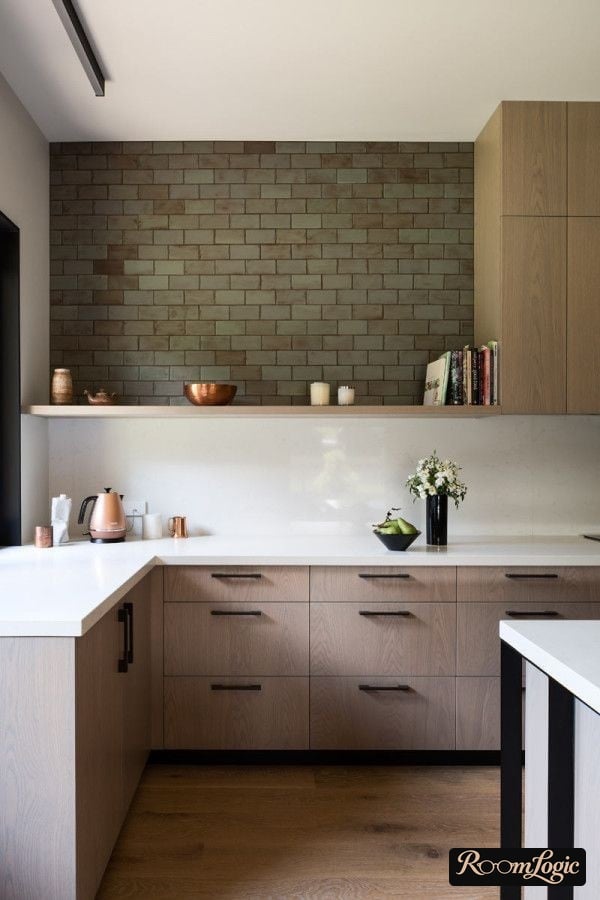 combination of upper cabinets and open shelves in the kitchen