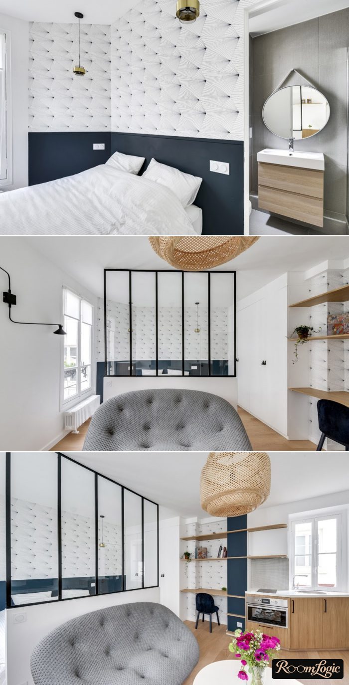combination of wallpaper and white walls in a studio apartment