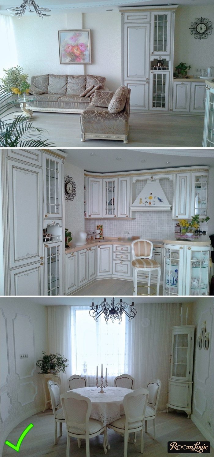 Combination of wallpaper in frames in a classical kitchen-dining room interior