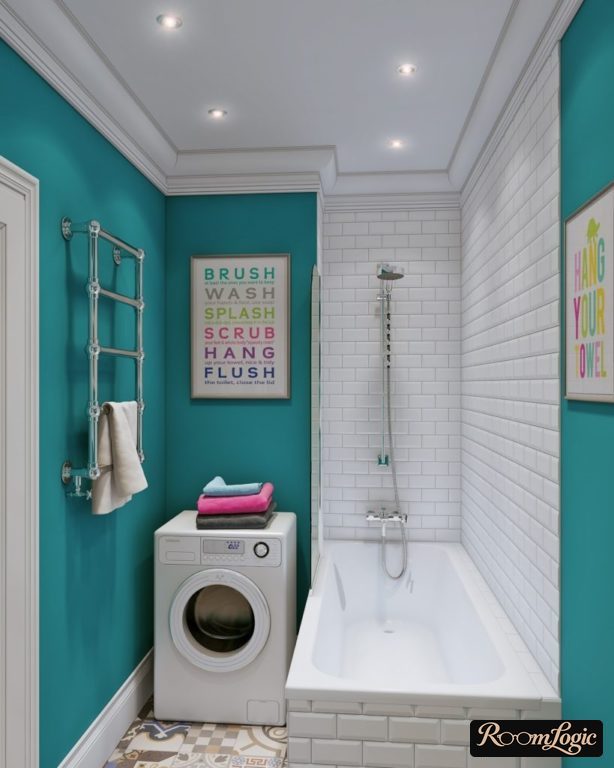 combination of white and blue in the bathroom of a tiny apartment