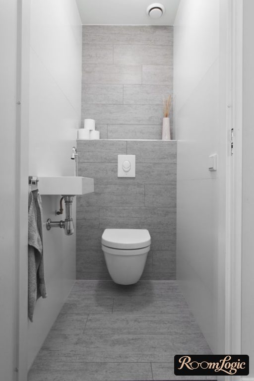 combination of white and gray tile in the toilet