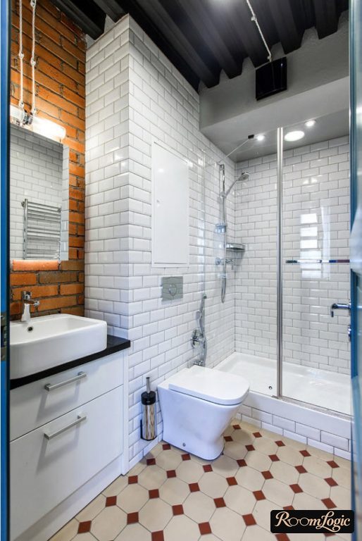 combination of white and red brick in the bathroom