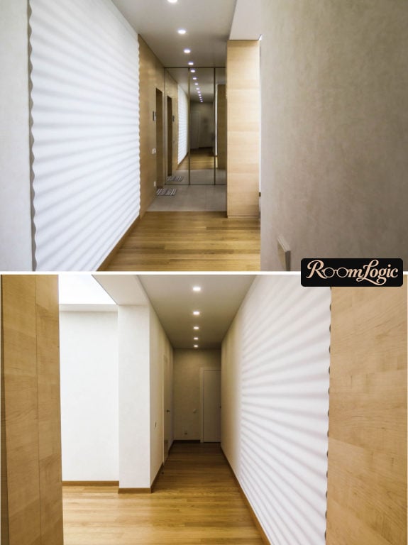 combination of white and wood in a small entryway