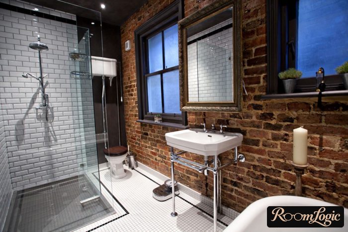 combination of white subway tile and red brick in the bathroom