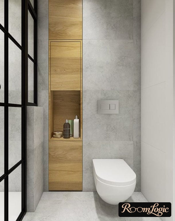 combination of wood and concrete in the toilet