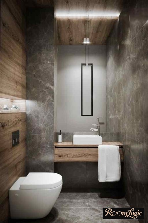 wood-look tile and concrete combination in loft toilet design