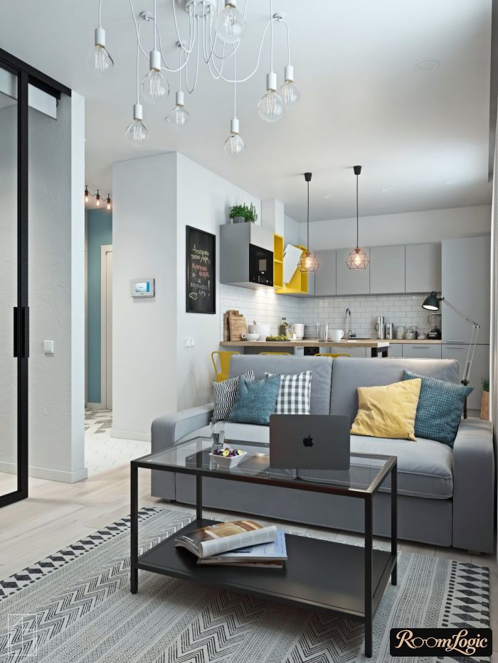 combination of yellow and light blue in the kitchen-living room interior