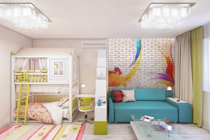combined bedroom and kids' room bunk bed
