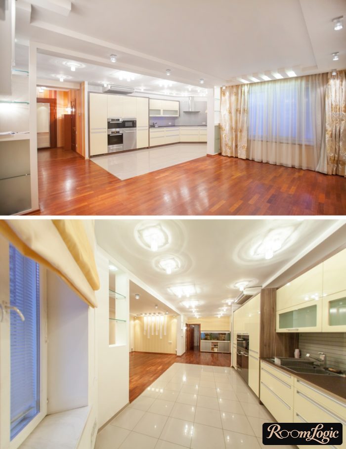 combined floor in kitchen-living room with tile transitioning to laminate