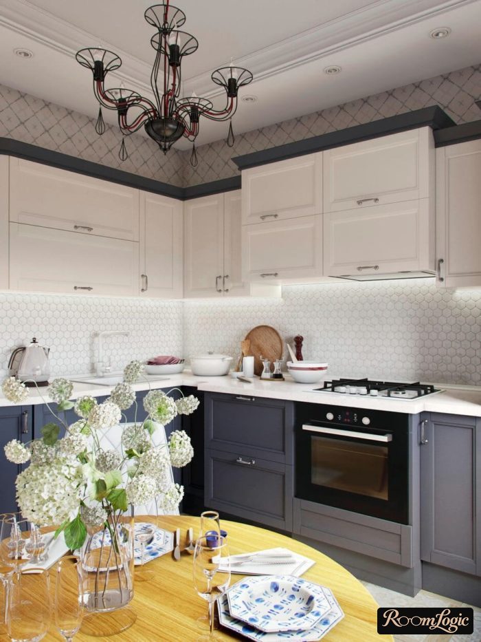 combined kitchen and balcony in neoclassical style