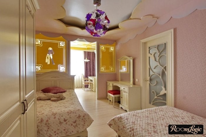 complex drywall ceiling in schoolgirl's room