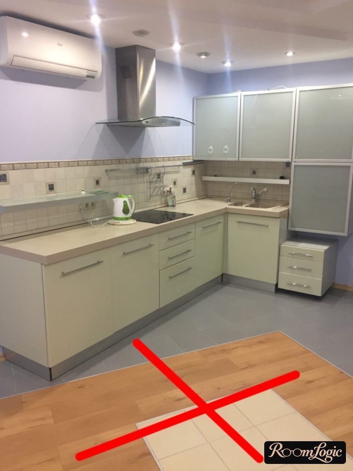 complex kitchen floor with many transitions