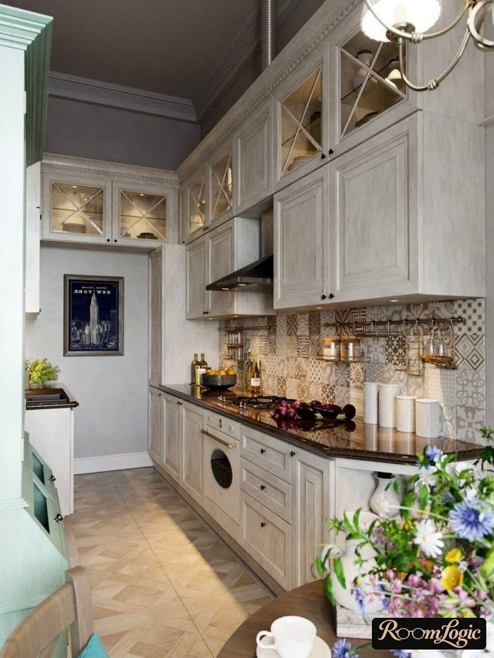 concept floor square tile with wood imitation in Provence kitchen