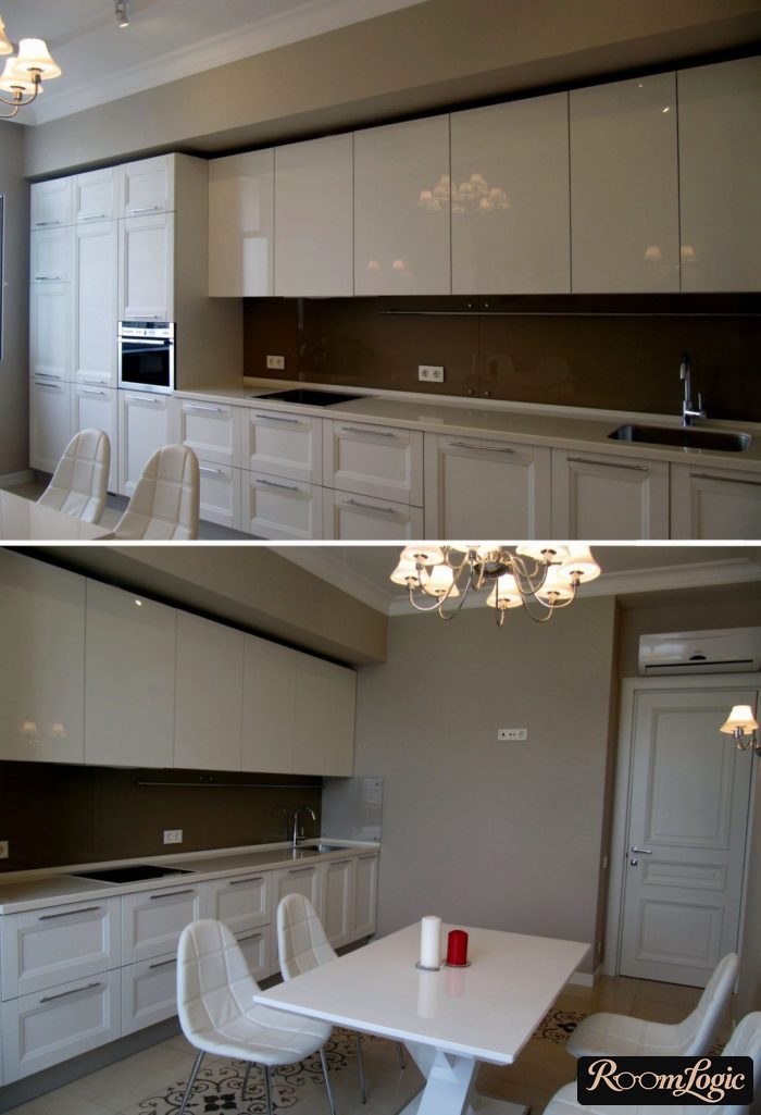 concept kitchen with unusual designer solution featuring glossy cabinet fronts in neoclassical style