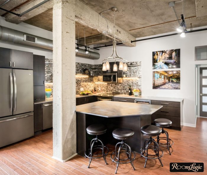 Concrete ceiling and column in loft style in the kitchen