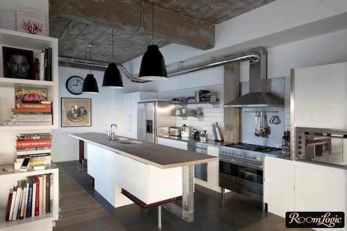 concrete ceiling in the kitchen interior