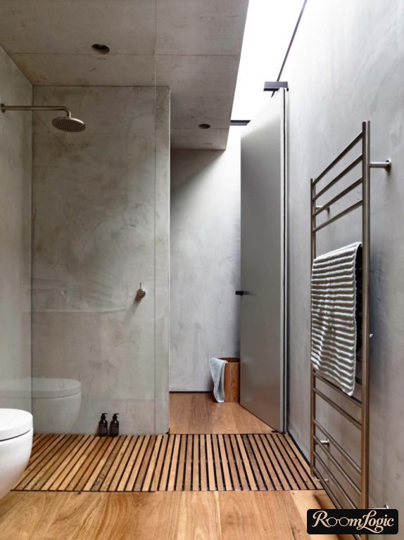 concrete-look decorative plaster in the bathroom with a shower
