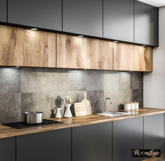 concrete-look tile on kitchen backsplash