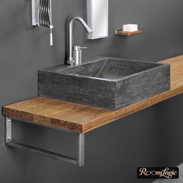concrete sink on wooden countertop
