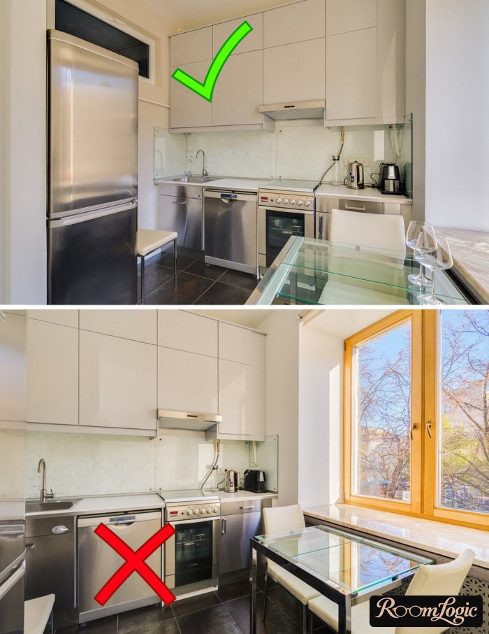 Continuous upper cabinet section with freestanding appliances below