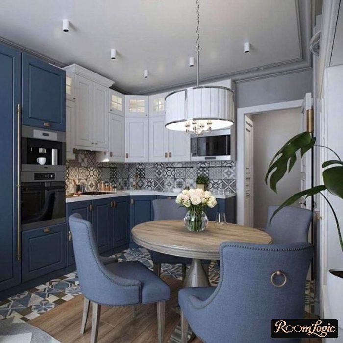 corner blue and white kitchen in neoclassical style