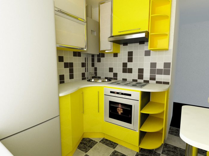 corner kitchen in a tiny apartment with rounded corners