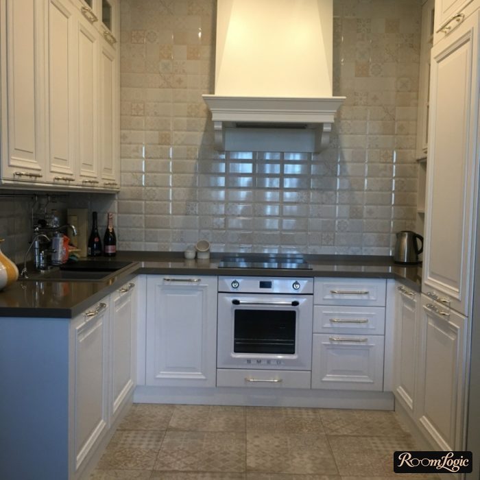 corner kitchen in classical style without upper cabinets on one side