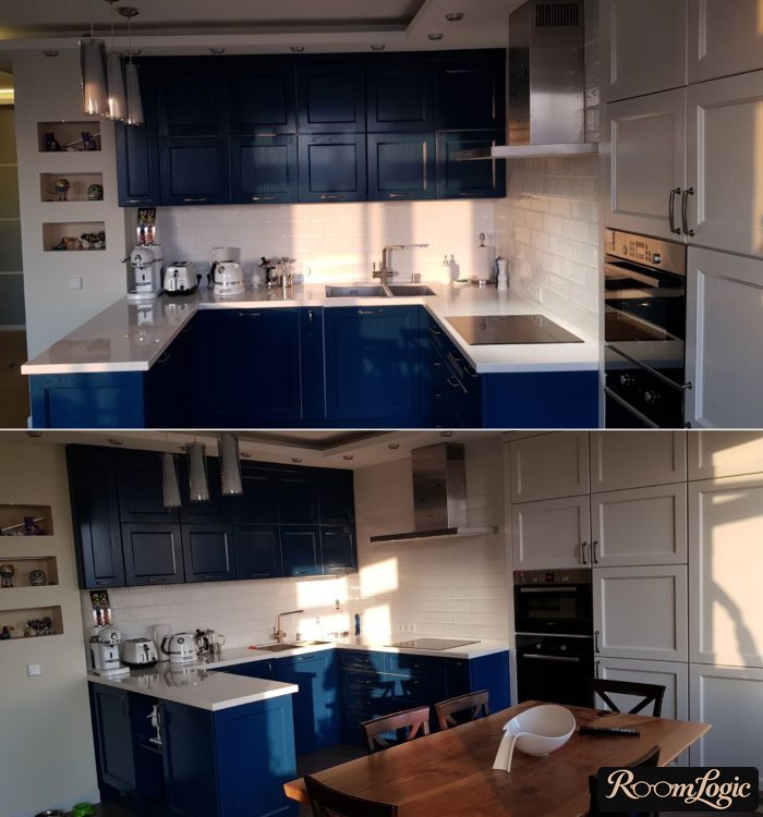 corner kitchen blue U-shaped