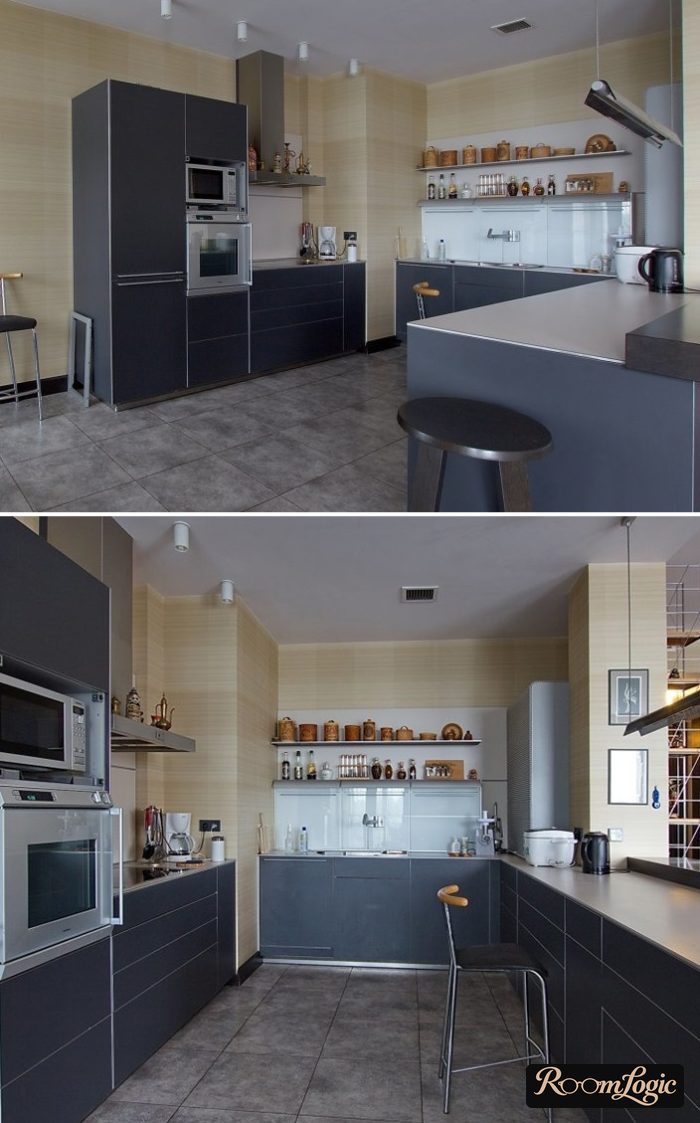corner kitchen with a peninsula and no upper cabinets on one side