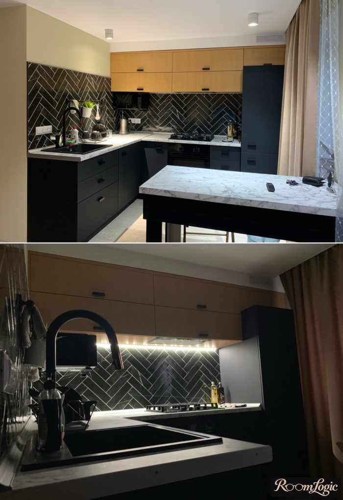 corner kitchen with a separate breakfast bar