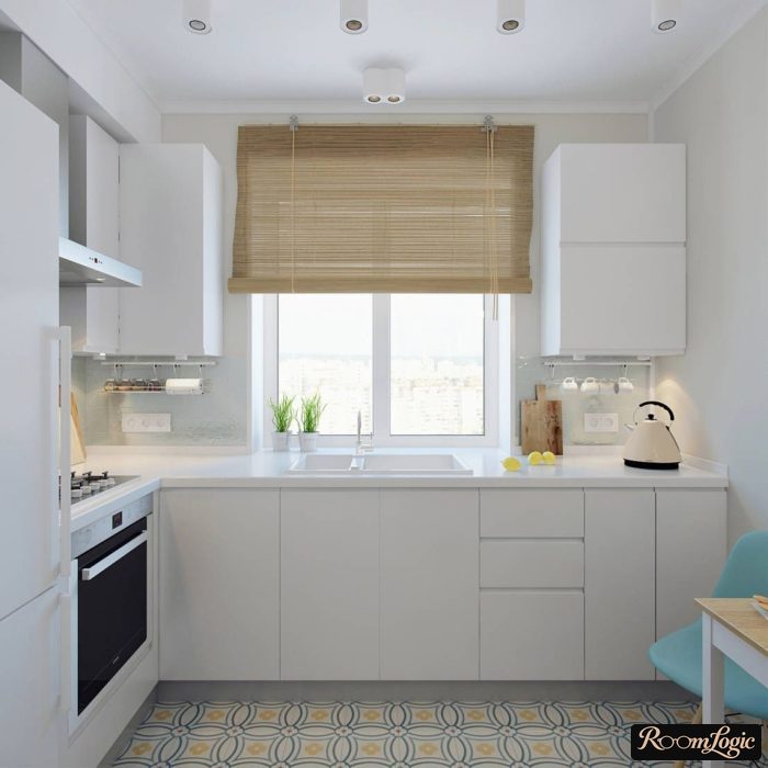 corner kitchen with a work zone by the window