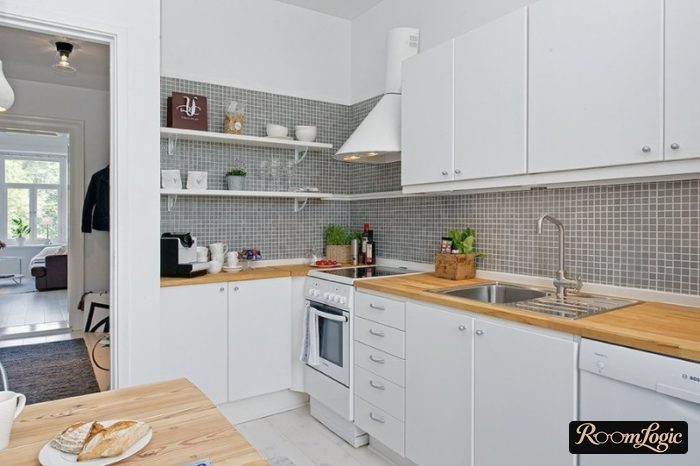 corner kitchen with shelves on one side