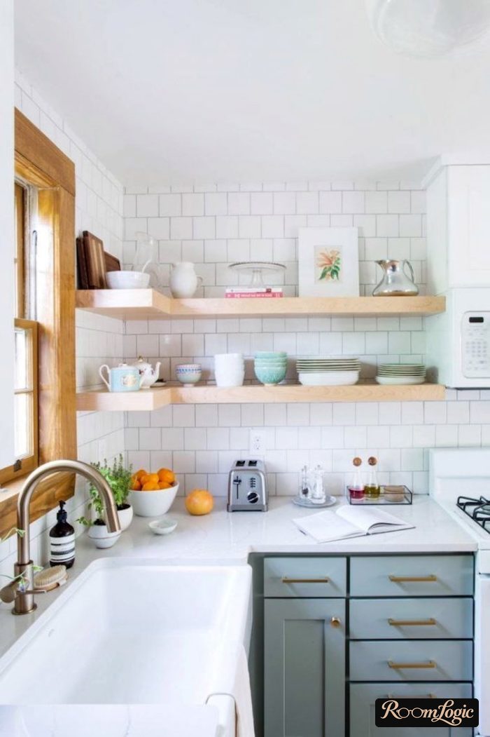 corner open shelves in the kitchen