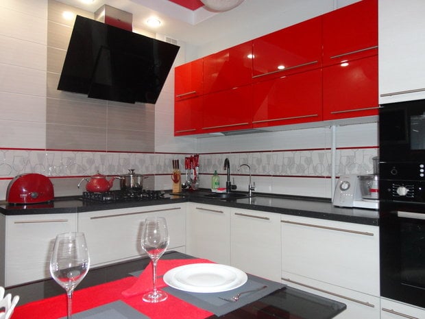 corner red and white kitchen