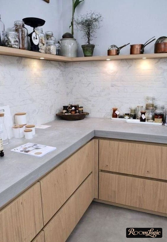 corner shelf instead of cabinets in the kitchen