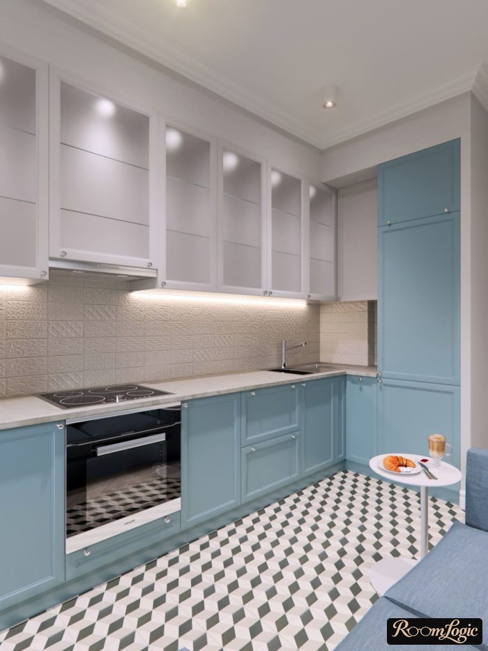 corner white-light blue kitchen in neoclassical style