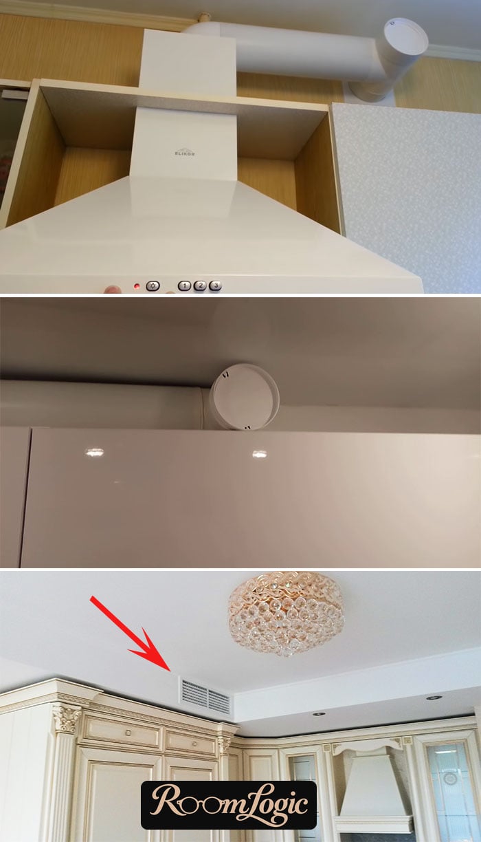 Correct connection of the range hood on the kitchen with exhaust, reverse valve, and extending to the ceiling