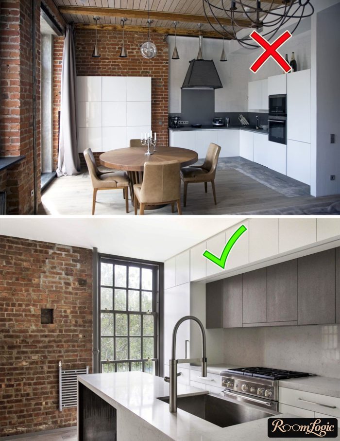 correct furniture layout for a loft-style kitchen
