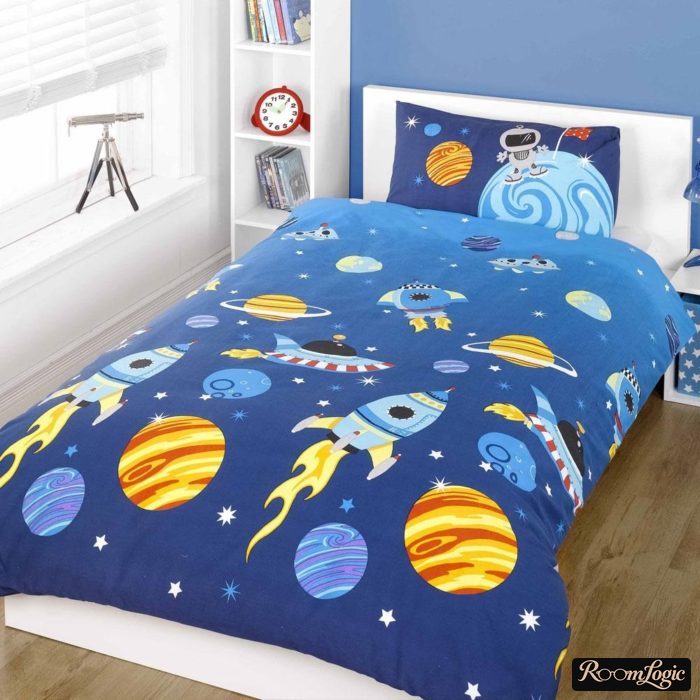 cosmic bedding in kids’ room